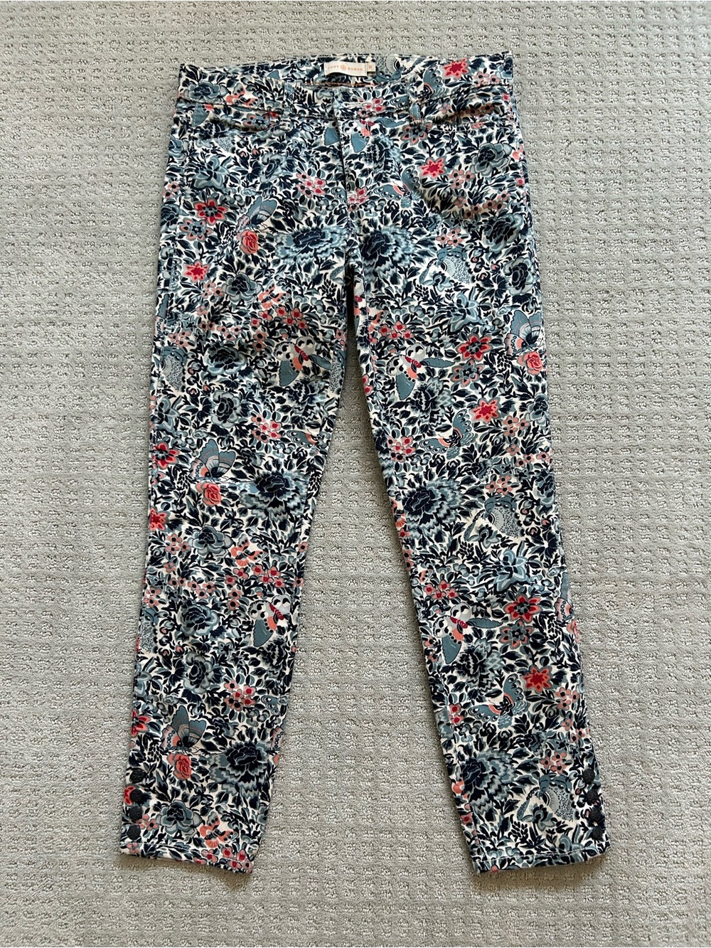 Tory Burch Floral Ankle Skinny Jeans - Navy, Coral & Cream